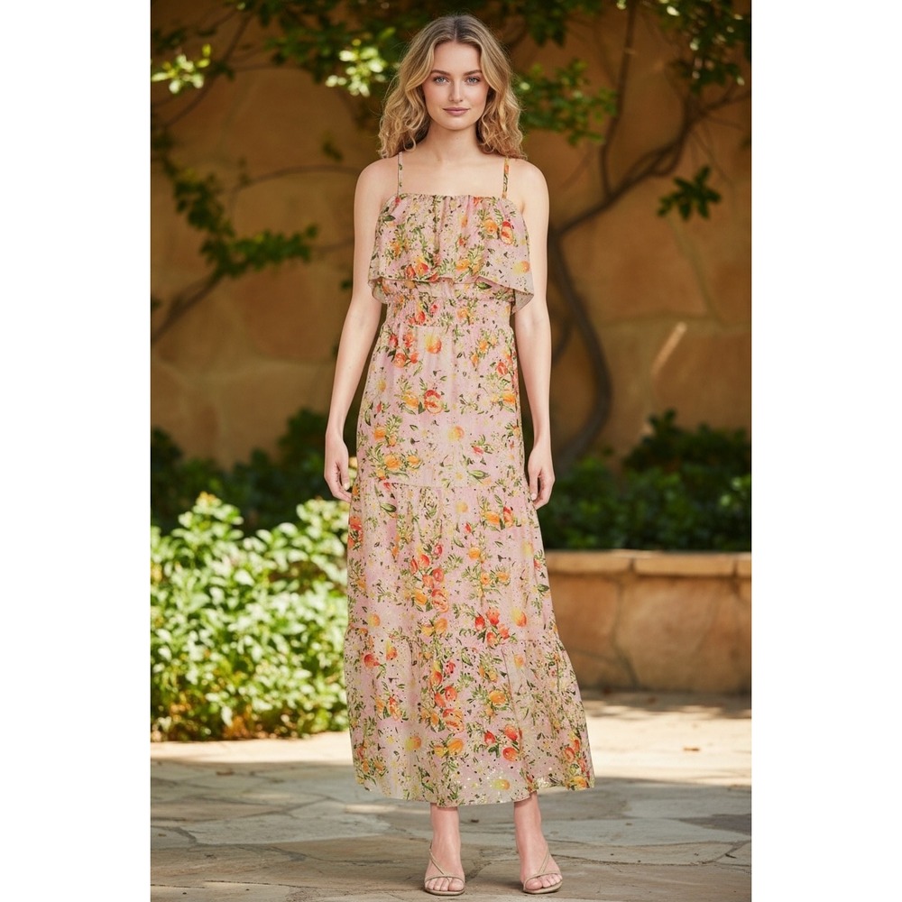 Layered with Love Pink Citrus Floral Eyelet Smocked Maxi Dress M